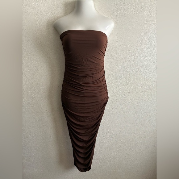 Zara Chocolate Strapless Ruched Stretch Jersey Dress L - Picture 8 of 11